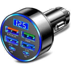 6 Ports Car Charger (PD+QC3.0),Fast Charging Car Charger Compatible with iPhone 15/14/13 Galaxy All Smart Phone,Multifunction USB C Car Charger with LED Digital Display