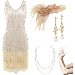 BABEYOND Women’s Flapper Dresses Set 1920s V Neck Beaded Fringed Great Gatsby Dress with Accessories Set