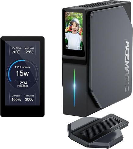 كمبيوتر صغير ACEMAGIC S1، الجيل الثاني عشر N95 16GB DDR4 512GB M.2 SSD أجهزة كمبيوتر صغيرة مع شاشة LCD DIY، كمبيوتر شخصي صغير ثنائي القناة مع شاشة مزدوجة RGB Light 4K، يدعم 4K/WiFi 5/BT4.2/المنزل/المكتب in Kuwait