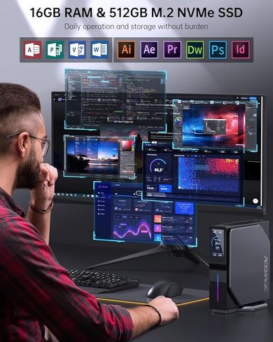 كمبيوتر صغير ACEMAGIC S1، الجيل الثاني عشر N95 16GB DDR4 512GB M.2 SSD أجهزة كمبيوتر صغيرة مع شاشة LCD DIY، كمبيوتر شخصي صغير ثنائي القناة مع شاشة مزدوجة RGB Light 4K، يدعم 4K/WiFi 5/BT4.2/المنزل/المكتب in Kuwait