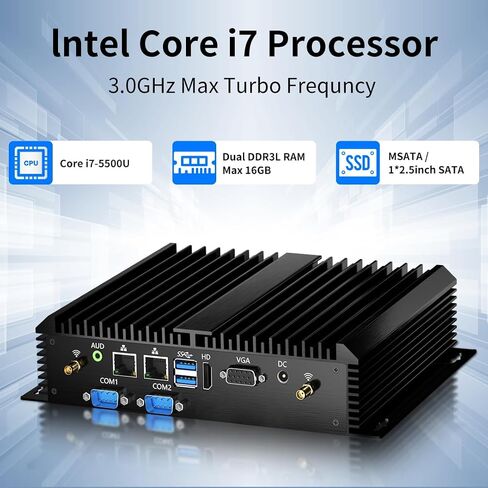 msecore Industrial PC, Fanless Mini Computer with Core i7-5500U, 16G RAM 512G SSD, Dual NIC, 2*COM RS232, Wi-Fi/4G, 1*HDMI 1*VGA, Dual Display, Windows 10 Pro/Linux/Ubuntu in Saudi Arabia