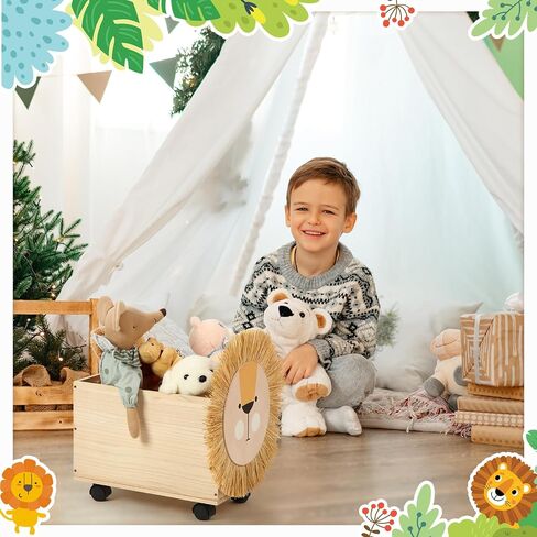 أطفال لعبة مربع تخزين لعبة خشبية لعبة الصدر المنظمون للبنين بنات لعبة مربع مع عجلات 16 × 10 × 10 بوصة الأسد لعبة التخزين المنظم الحضانة ديكور لغرفة النوم غرفة المعيشة سهلة التجميع in Kuwait
