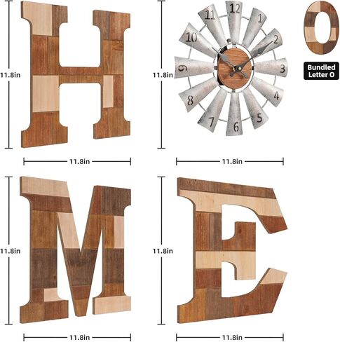 WAKOSAN ديكور جداري للديكور الغربي - حروف مقاس 11.8 بوصة ارتفاع × 11.8 بوصة عرض مع ساعة طاحونة هوائية، غرفة المعيشة ديكور المنزل، ديكور حائط الحروف المنزلية، ديكور حائط المزرعة (بني مختلط) in Kuwait
