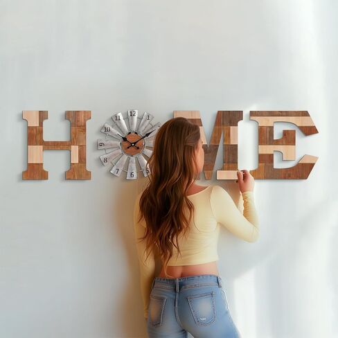 WAKOSAN ديكور جداري للديكور الغربي - حروف مقاس 11.8 بوصة ارتفاع × 11.8 بوصة عرض مع ساعة طاحونة هوائية، غرفة المعيشة ديكور المنزل، ديكور حائط الحروف المنزلية، ديكور حائط المزرعة (بني مختلط) in Kuwait