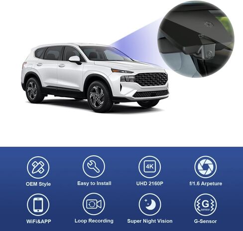 كاميرا Fitcamx 4K Dash مناسبة لسيارة Hyundai Santa Fe 2021 2022 2023 (الجزء رقم #S2500) مع تعتيم تلقائي، مظهر OEM، فيديو UHD 2160P، تسجيل حلقة، WiFi & APP، مستشعر G، سهل التركيب، بطاقة 64 جيجابايت in Kuwait