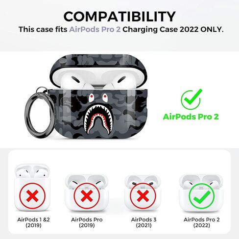 Fashion Pattern AirPods Pro 2nd Generation Case 2022,for Men Women Shark Tooth Camo Softshell Full Body Shockproof Protective Cover for New AirPod Pro 2 with Keychain/Hand Strap (Black Shark) in Saudi Arabia