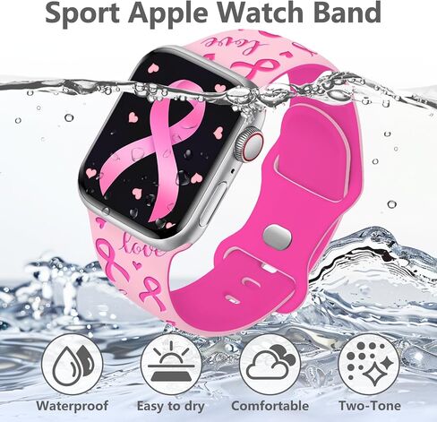 Tow-Tone Engraved Pink Ribbon Watch Band Compatible with Apple Watch Band 38mm 40mm 41mm 42mm 44mm 45mm 46mm 49mm for Women, Strap Replacement for iWatch Series SE 10 9 8 7 6 5 4 3 in Saudi Arabia