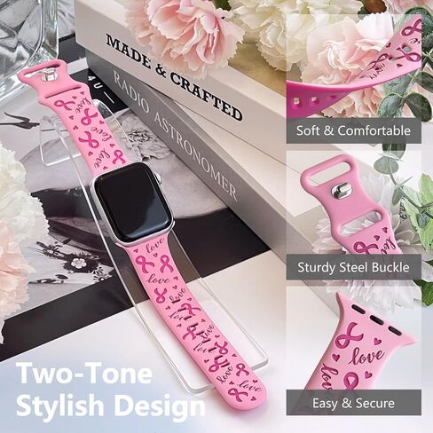 Tow-Tone Engraved Pink Ribbon Watch Band Compatible with Apple Watch Band 38mm 40mm 41mm 42mm 44mm 45mm 46mm 49mm for Women, Strap Replacement for iWatch Series SE 10 9 8 7 6 5 4 3 in Saudi Arabia