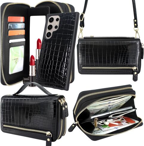 Harryshell Compatible with Samsung Galaxy S24 Ultra 5G Case Wallet Multi Zipper Detachable Magnetic Cover Purse with Card Slots Holder Mirror Crossbody Wrist Strap for S24 Ultra 6.8 inch (Black) in Saudi Arabia