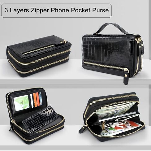 Harryshell Compatible with Samsung Galaxy S24 Ultra 5G Case Wallet Multi Zipper Detachable Magnetic Cover Purse with Card Slots Holder Mirror Crossbody Wrist Strap for S24 Ultra 6.8 inch (Black) in Saudi Arabia