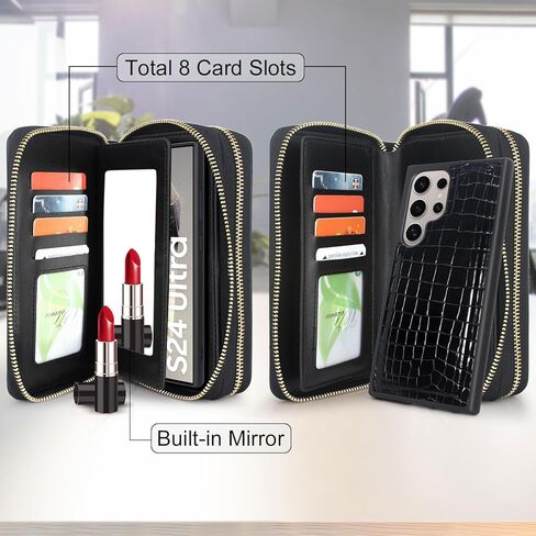 Harryshell Compatible with Samsung Galaxy S24 Ultra 5G Case Wallet Multi Zipper Detachable Magnetic Cover Purse with Card Slots Holder Mirror Crossbody Wrist Strap for S24 Ultra 6.8 inch (Black) in Saudi Arabia