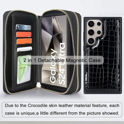 Harryshell Compatible with Samsung Galaxy S24 Ultra 5G Case Wallet Multi Zipper Detachable Magnetic Cover Purse with Card Slots Holder Mirror Crossbody Wrist Strap for S24 Ultra 6.8 inch (Black) in Saudi Arabia