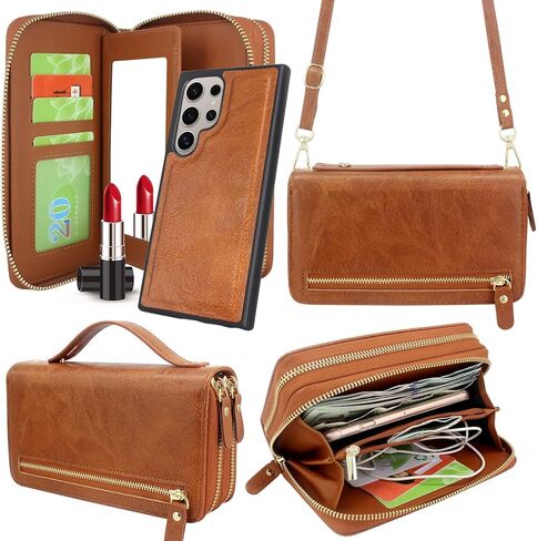 Harryshell Compatible with Samsung Galaxy S24 Ultra 5G Case Wallet Multi Zipper Detachable Magnetic Cover Purse with Card Slots Holder Mirror Crossbody Wrist Strap for S24 Ultra 6.8 inch (Black) in Saudi Arabia
