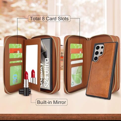 Harryshell Compatible with Samsung Galaxy S24 Ultra 5G Case Wallet Multi Zipper Detachable Magnetic Cover Purse with Card Slots Holder Mirror Crossbody Wrist Strap for S24 Ultra 6.8 inch (Black) in Saudi Arabia