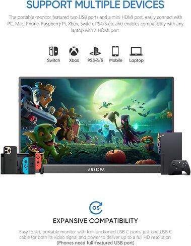 ARZOPA 17.3" Portable Monitor, 1080P FHD 100% sRGB IPS Laptop Monitor with Built-in Kickstand HDMI USB C External Screen for PC Mac Phone Xbox Switch PS5 -A1M in Saudi Arabia
