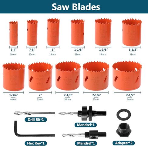 طقم منشار ثقب ثنائي المعدن، ARTIPOLY 17 قطعة 3/4 بوصة إلى 2-1/2 بوصة طقم منشار كامل الفتحة في علبة مع مماسك ومحولات ومفتاح سداسي وقطعة مثقاب للمعادن ولوحة PVC والجدران الجافة، فولاذ متين عالي السرعة in Kuwait