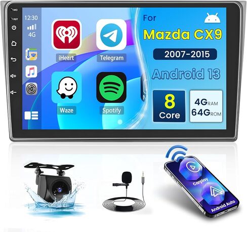 Roinvou [8 Core 4G+64G] لراديو Mazda CX9 2007-2015 Android مع Carplay اللاسلكي Android Auto، 10.1 بوصة IPS شاشة لمس للسيارة، بلوتوث 5.0، 32 EQ، GPS، WiFi، 59UI، SWC، كاميرا احتياطية AHD in Saudi Arabia