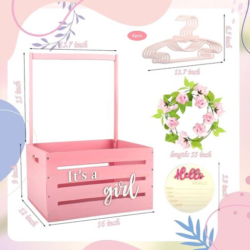 Wooden Baby Shower Crate Closet, It's a Girl Baby Gift Basket with Handle and Clothes Hanger Baby Storage Crate Hamper, Baby Shower Party Decor Newborn Baby Gifts Basket for Pregnancy New Parent ﻿ in Saudi Arabia