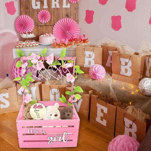 Wooden Baby Shower Crate Closet, It's a Girl Baby Gift Basket with Handle and Clothes Hanger Baby Storage Crate Hamper, Baby Shower Party Decor Newborn Baby Gifts Basket for Pregnancy New Parent ﻿ in Saudi Arabia