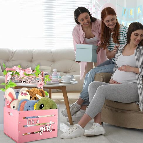 Wooden Baby Shower Crate Closet, It's a Girl Baby Gift Basket with Handle and Clothes Hanger Baby Storage Crate Hamper, Baby Shower Party Decor Newborn Baby Gifts Basket for Pregnancy New Parent ﻿ in Saudi Arabia