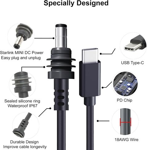 Starlink Mini USB C to DC Power Cable, Starlink Mini Type-C to DC Power Cable, PD 20V Type-C Input to DC Male Output Waterproof, Compatible with 65W+ PD 20V Protocol Power Supply/Source (2M) in Saudi Arabia