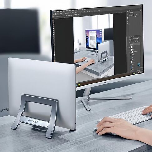 Vertical Laptop Stand for Desk, Gravity Locking Laptop Holder Vertical Stand Space-Saving Organizer for MacBook, iPad Mini/Pro, Surface, Samsung, HP, Dell and More - (Black, ABS Plastic) in Saudi Arabia