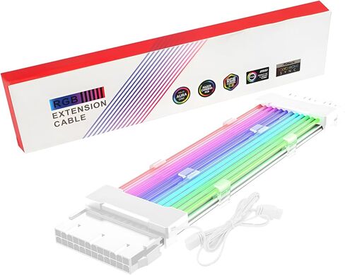 كابل RGB PC، كابل تمديد طاقة RGB قابل للعنونة 24 دبوس ATX، كابل تمديد RGB PC 18AWG كابل تمديد PSU لموصل اللوحة الأم، يدعم كابل متزامن 5 فولت 3 دبابيس، أبيض in Saudi Arabia