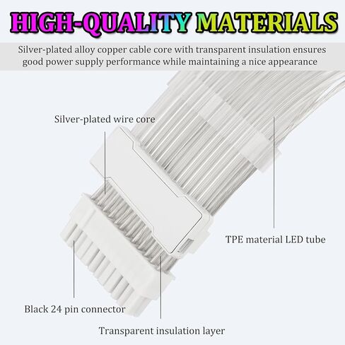كابل RGB PC، كابل تمديد طاقة RGB قابل للعنونة 24 دبوس ATX، كابل تمديد RGB PC 18AWG كابل تمديد PSU لموصل اللوحة الأم، يدعم كابل متزامن 5 فولت 3 دبابيس، أبيض in Saudi Arabia