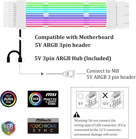 كابل RGB PC، كابل تمديد طاقة RGB قابل للعنونة 24 دبوس ATX، كابل تمديد RGB PC 18AWG كابل تمديد PSU لموصل اللوحة الأم، يدعم كابل متزامن 5 فولت 3 دبابيس، أبيض in Saudi Arabia