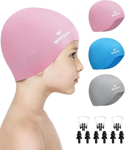 3 Pack Kids Swim Cap for Boys Girls, Unisex Silicone Swimming Caps for 3-15 Toddler Children Teen, Waterproof Bathing Caps for Short/Long Hair to Keep Hair Dry-7 in Saudi Arabia
