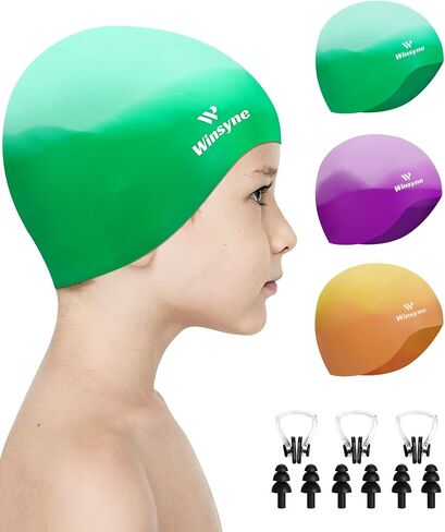 3 Pack Kids Swim Cap for Boys Girls, Unisex Silicone Swimming Caps for 3-15 Toddler Children Teen, Waterproof Bathing Caps for Short/Long Hair to Keep Hair Dry-7 in Saudi Arabia