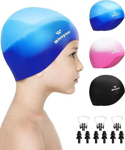 3 Pack Kids Swim Cap for Boys Girls, Unisex Silicone Swimming Caps for 3-15 Toddler Children Teen, Waterproof Bathing Caps for Short/Long Hair to Keep Hair Dry-7 in Saudi Arabia