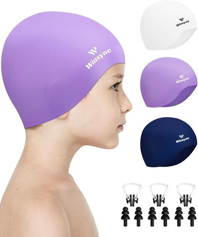 3 Pack Kids Swim Cap for Boys Girls, Unisex Silicone Swimming Caps for 3-15 Toddler Children Teen, Waterproof Bathing Caps for Short/Long Hair to Keep Hair Dry-7 in Saudi Arabia