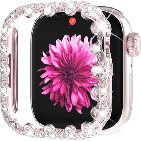 WINGLE Bling Bumper Case Compatible for Apple Watch Series 9/8/7 41mm, 4 Leaf Clover Diamond Protective Face Cover for Women, Hard PC Frame Protector for iWatch Apple Watch Case 41mm Lace Edge Pink