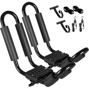 Heavy Duty Kayak Roof Rack, 2 Pair J-Bar Kayak Rack with 4 Ratchet Tie, 4 S-Hook Ratchet Straps, 4 Anchor Belts for Kayak Canoe Boat Surf Ski on SUV Car Truck Crossbar