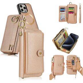LITOU Compatible with iPhone 16 Pro Max Phone Case Wallet for Women Men,Detachable Magnetic,RFID Blocking Card Holder,Wristlets Zipper Leather Flip Wallet Case for iPhone 16 Pro Max.PF