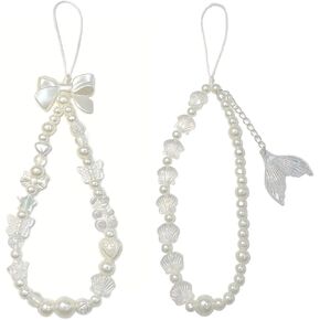 2Pcs Phone Charm Y2K Butterfly Knot Fishtail Fearl White Beaded Phone Bracelet Phone Lanyard Keychain Accessories for Wallet AirPods