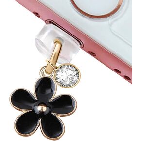ELISE & FONDA CP109 USB Charging Port Anti Dust Plug Little Lily Flower Pendant Phone Charm for iPhone 11/ XS MAX/XR/X/8 Plus/7/6S/7/SE iPad iPod (Black)