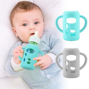 2 Pack Silicone Sleeves for Dr. Brown's Natural Glass Baby Bottle, Anti Breakage Durable Baby Bottle Holder with Easy Grip Handles, Narrow Sleeve with a Cutout, Dishwasher/Freezer/Microwave Safe, 4 oz