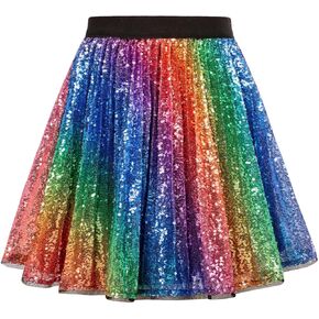 GRACE KARIN Dance Skirt for Girls Elastic Waist Sparkle Sequin Pleated Skirt 10-12Y, Rainbow