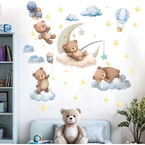 Sleeping Moon Bear Wall Decals - Hot Air Balloon Animals Star Clouds Wall Stickers - Kids Bedroom Baby Nursery Daycare Playroom Wall Decor