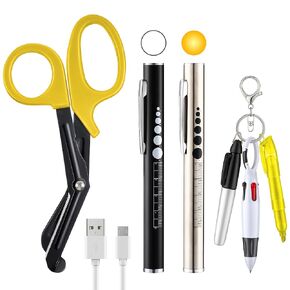 Enhon 6 Pack Nurse Tools Set, 2 Rechargeable LED Pen Lights with Two Sources and Pupil Gauge, One 6'' Trauma Bandage Shear and 3 Mini Highlighter Nurse Pen for Nurse, Nursing Student, Doctor (Black)