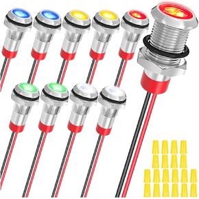 10Pcs AC/DC12-24V LED Indicator Lights 10mm Waterproof Flat Head Indicator Signal Lamp 5Color(Red/Yellow/Blue/Green/White) with 150mm Cable Length Metal LED Indicator Light and Wiring Cap