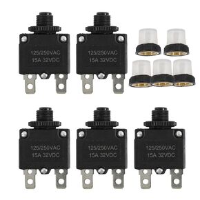 Tiwerlfe 5pcs Push Button Reset 5A 10A 15A 20A 30A Circuit Breakers with Automatic Reset 32VDC,AC125-250V with Quick Connect Terminals