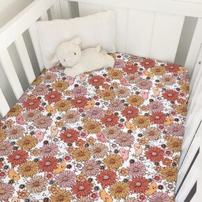 Spooky Ghost Boho Floral Halloween Baby Crib Sheets 52''x28'' Retro Flowers Autumn Stretchy Fitted Crib Mattress Cover for Boy Girl Soft Baby Bed Sheets for Standard Crib and Toddler Mattress