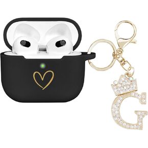 Compatible with AirPods 3 Case Cover 2021, Soft Silicone Case with Gold Heart Pattern for AirPods 3rd Generation Case with Rhinestone Studded Letter A-Z Keychain (K Black)