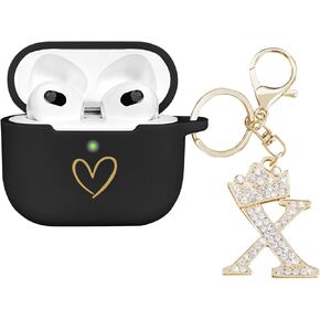 Compatible with AirPods 3 Case Cover 2021, Soft Silicone Case with Gold Heart Pattern for AirPods 3rd Generation Case with Rhinestone Studded Letter A-Z Keychain (K Black) in Kuwait
