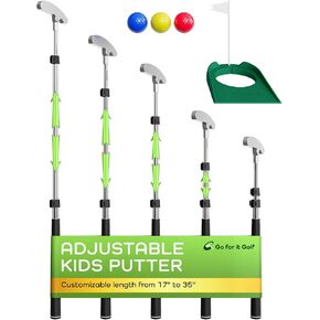 Kids Putter with Extendable Shaft - Adjustable Size for Junior Golfers - Right Handed - Ideal Training Club for Children, Youth - Includes 3 Balls, Cup with Flag - Silver, 17"-35"