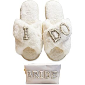 I Do Slippers With Bride Letter Makeup Open Toe Slippers For Women's Wedding Slippers Fuzzy Soft House Slippers For Bachelorette Party