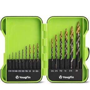YOUGFIN 15-Piece Stepped Point Drill Bit Set, M2 HSS Metal, 1/16"-3/8", Ideal for Drilling Iron, Stainless Steel, Wood, Plastic, Acrylic